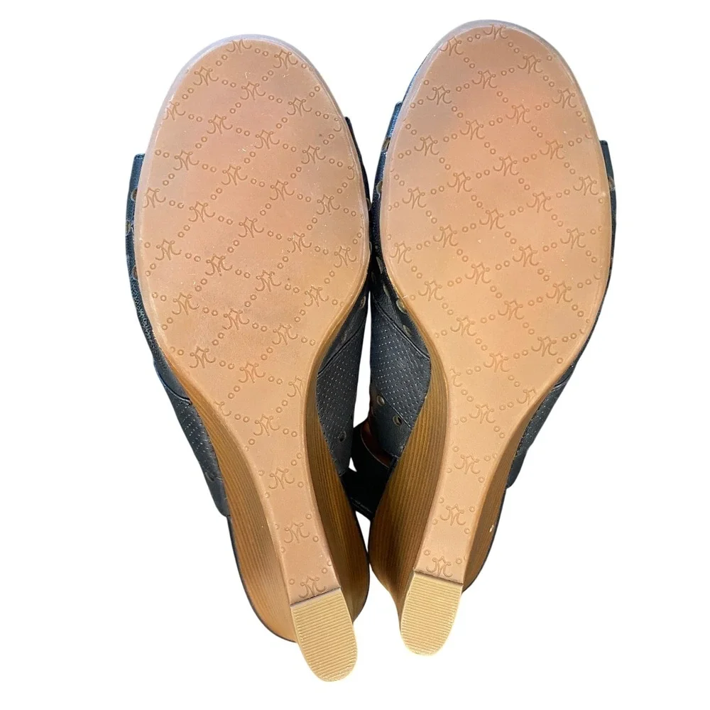 Johnston & Murphy Black Leather Perforated‎ Wedge Heel Sandal Booties Size 9